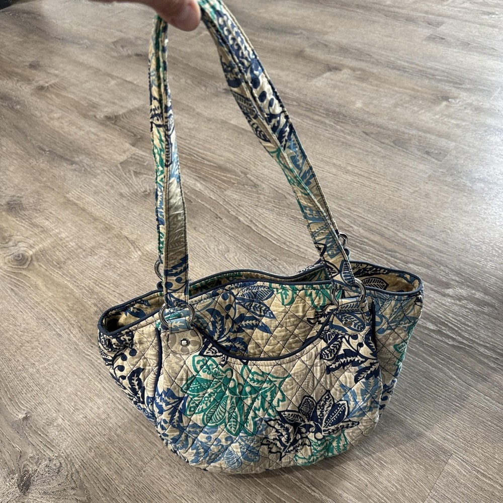 Vera Bradley Shoulder Bag Womens Medium Blue Green Floral Quilted Cotton Zip Top